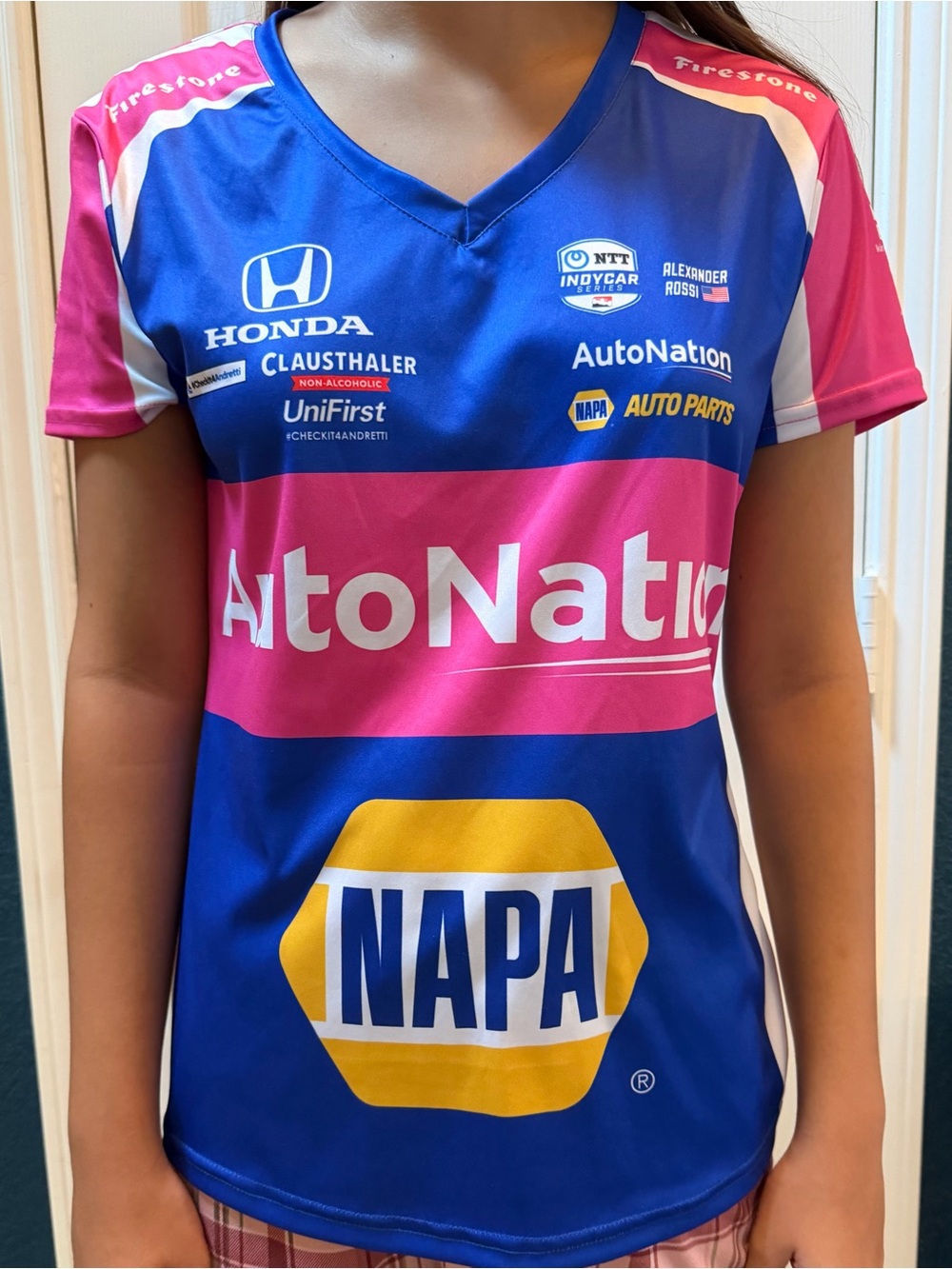 Size S AutoNation NAPA Racing Tee in Blue and Pink